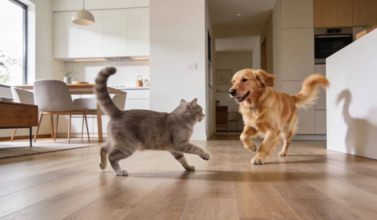 Cat and dog on waterproof LVP flooring in a modern home
