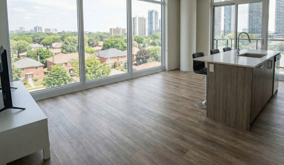 Luxury vinyl plank flooring in a clean modern rental apartment