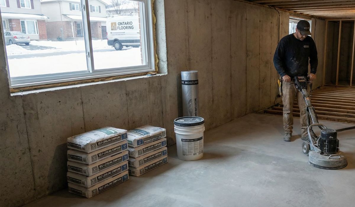 Concrete basement subfloor being prepared for flooring installation in Ontario