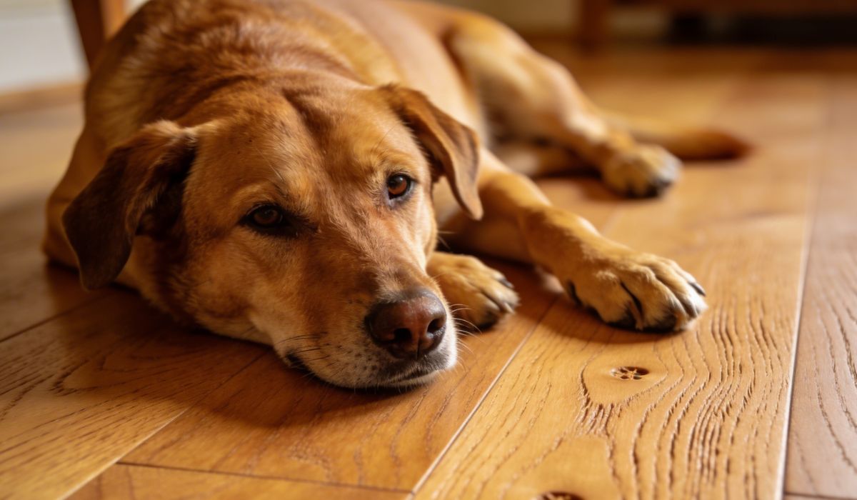 Golden retriever lying on engineered hardwood flooring in a GTA home