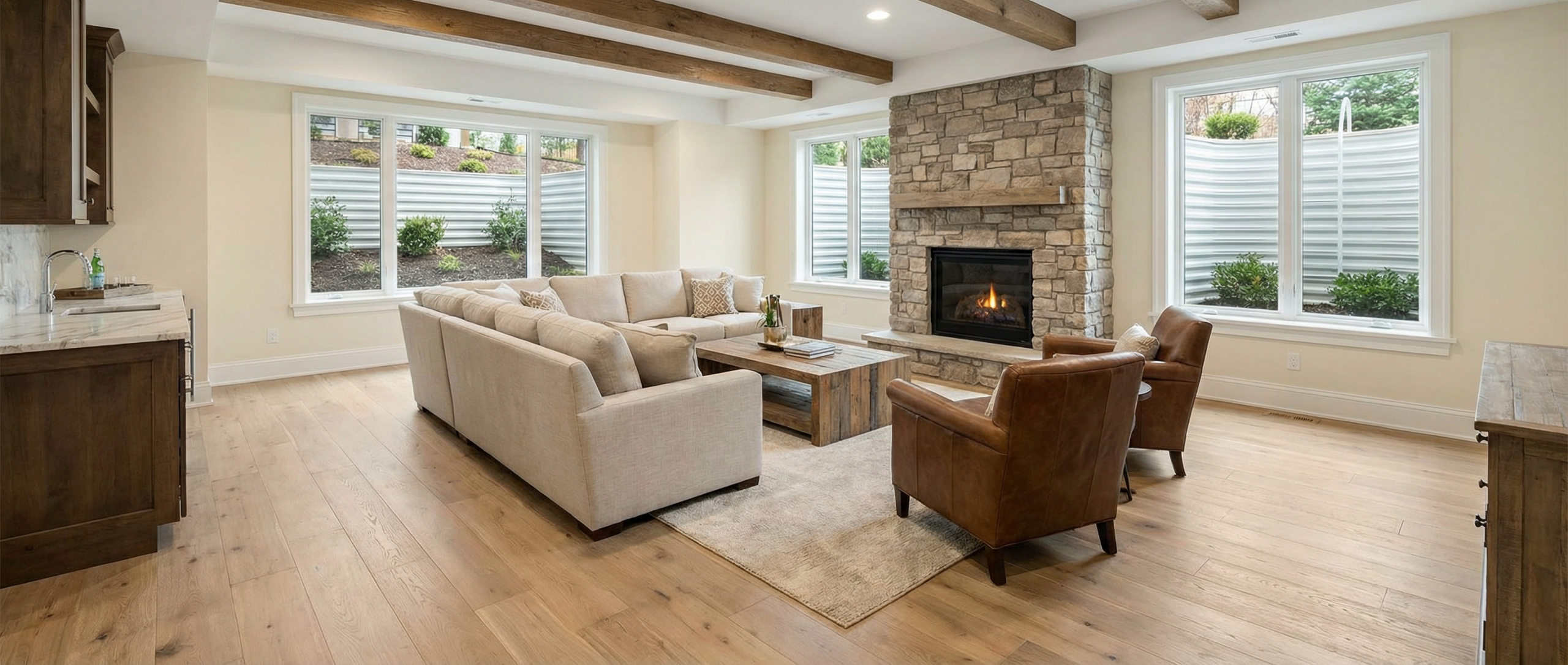 Engineered hardwood flooring in a finished basement living space