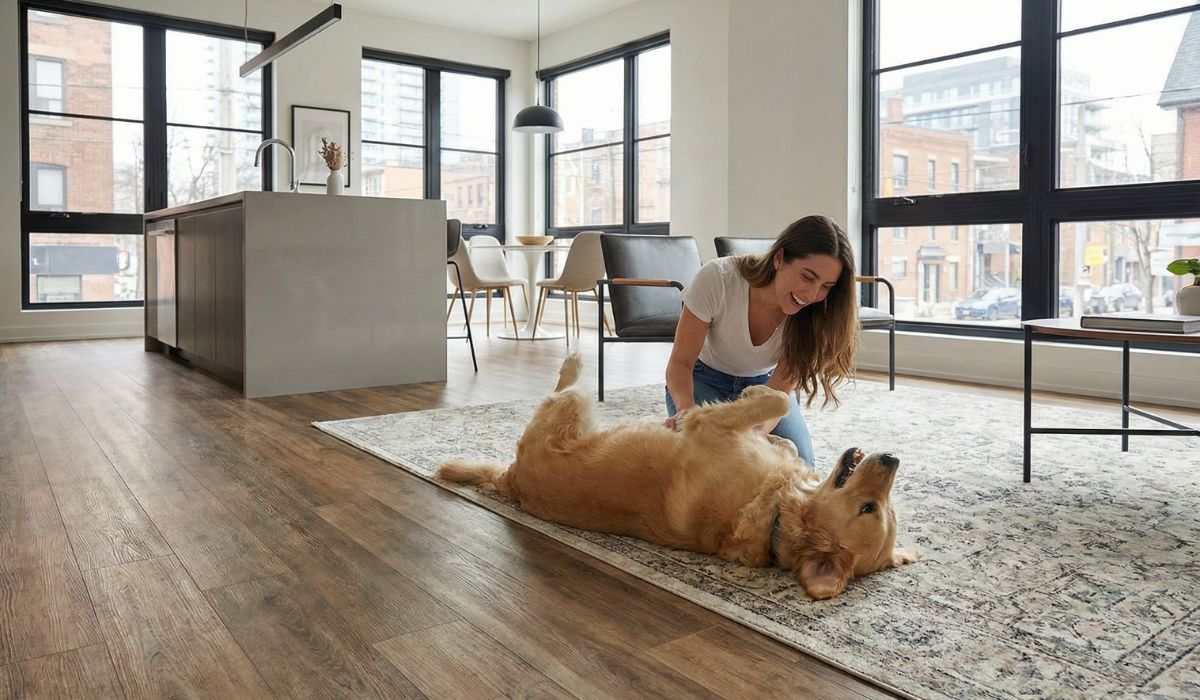Modern GTA home with pet-friendly LVP flooring and a happy dog
