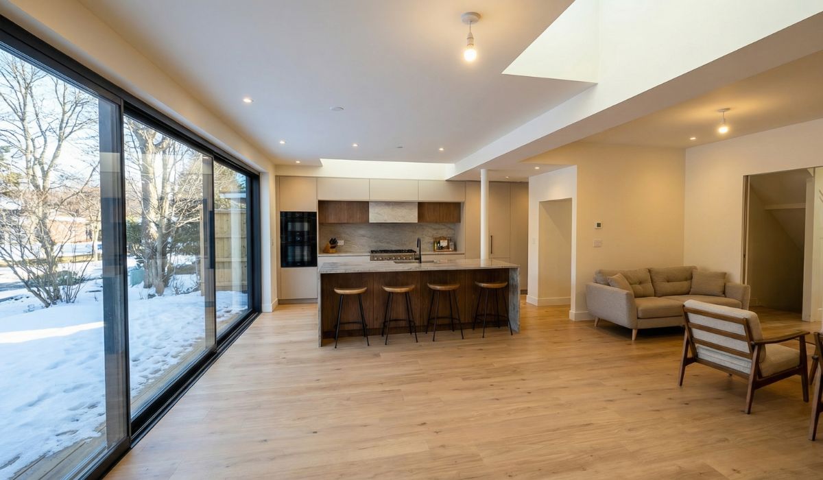 Modern Ontario home interior with warm-toned wide plank hardwood flooring 2026 trend