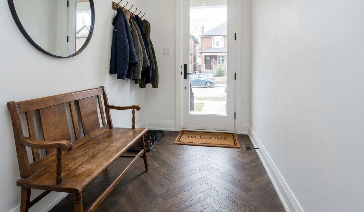 Herringbone engineered hardwood flooring installed in a GTA home entryway