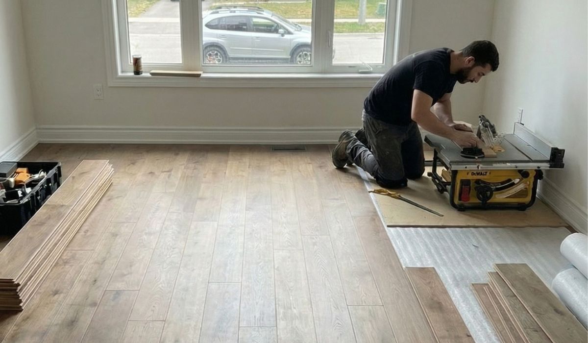 Professional hardwood flooring installation in progress in a GTA home