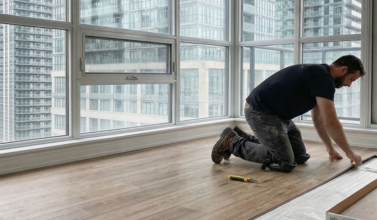 Wide plank engineered hardwood flooring in a North York home living room