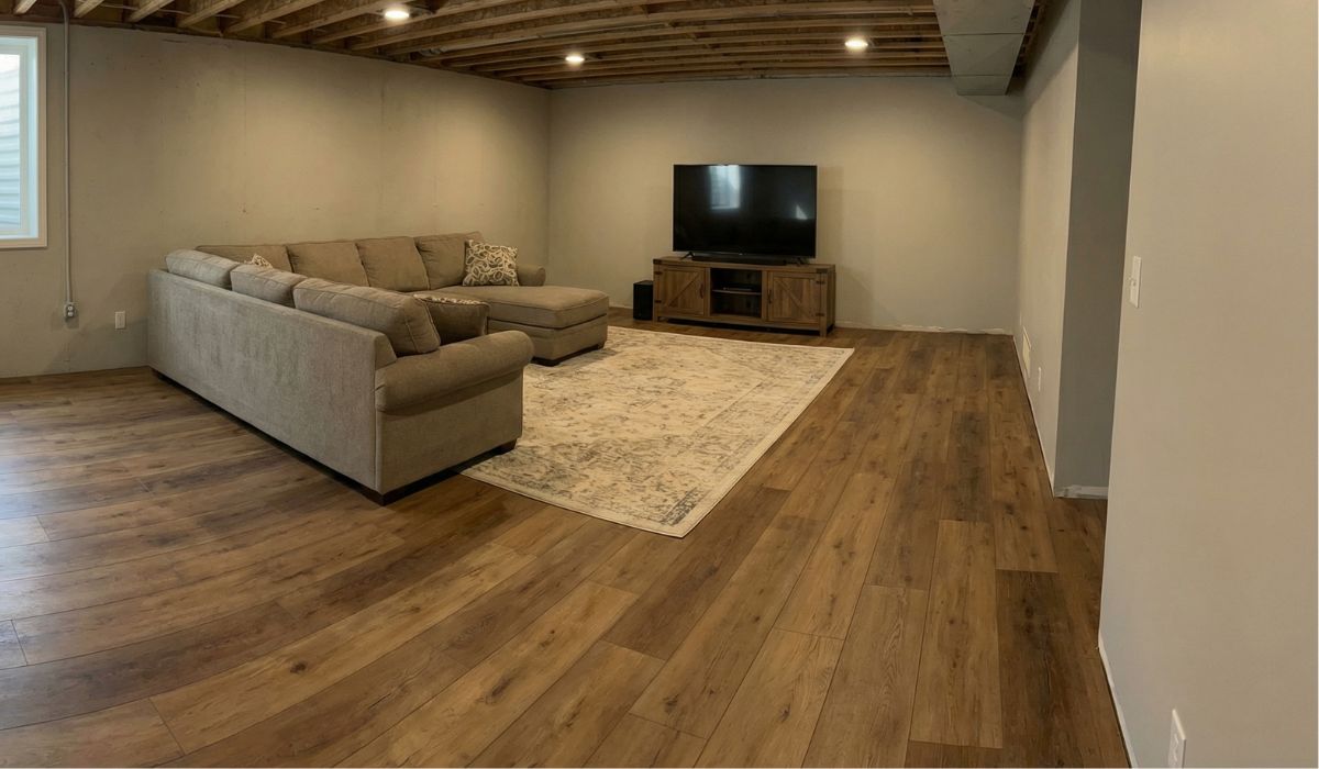 Luxury vinyl plank flooring installed in a finished Ontario basement