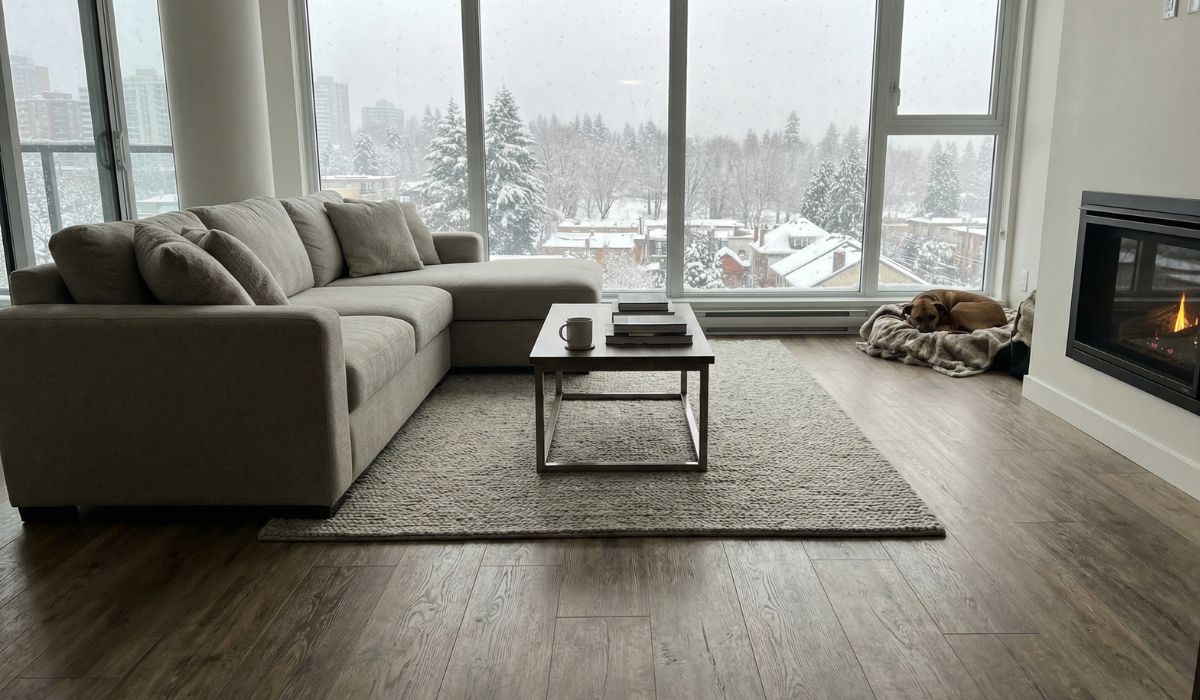 LVP flooring installed in a Toronto condo living room with modern furnishings