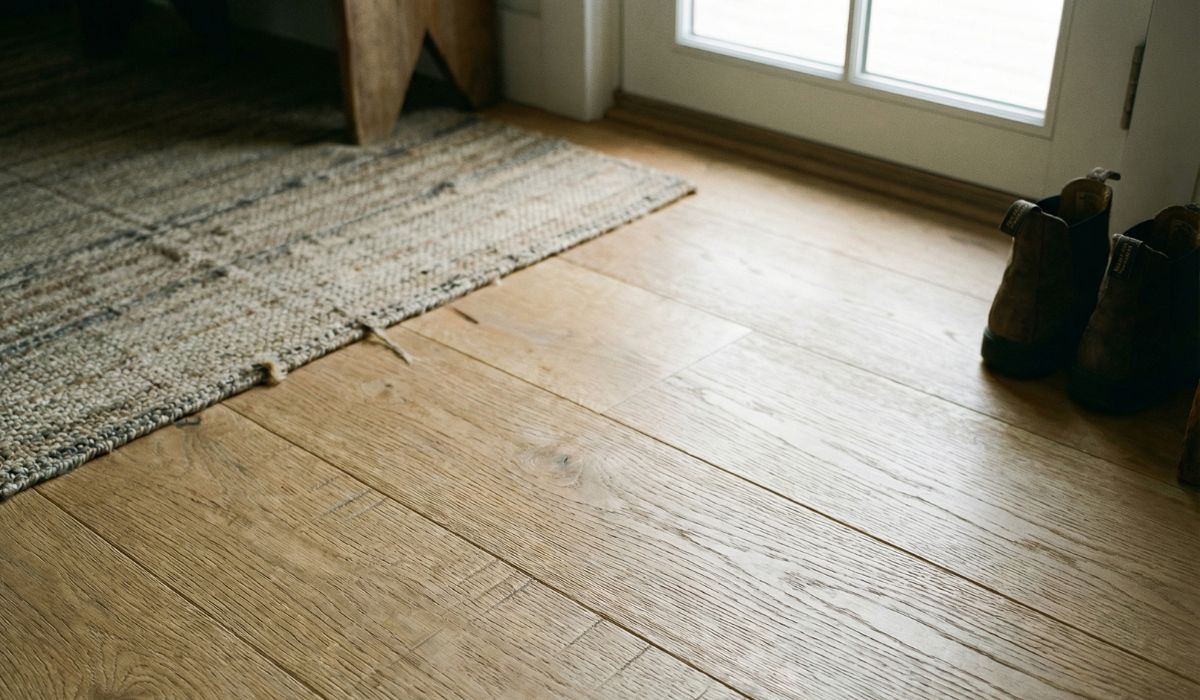 Wide plank white oak hardwood flooring with matte wire-brushed finish in Ontario home