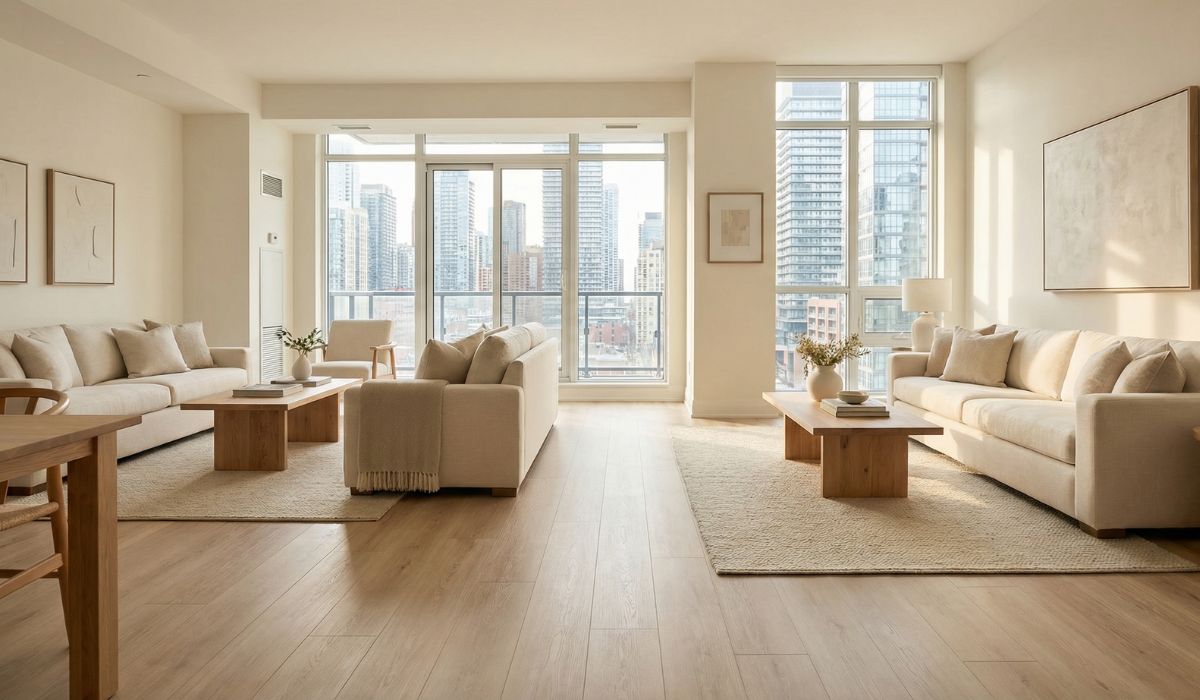 Wide plank LVP flooring in a bright modern GTA condo with warm neutral tones