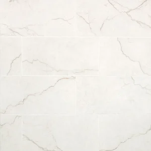 Light cream marble tiles with subtle gray veining arranged in a brick pattern
